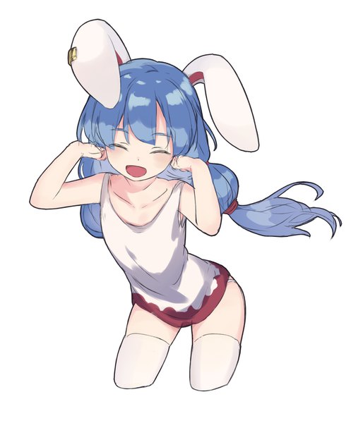 Anime picture 1200x1400 with touhou seiran (touhou) shayuheisi single long hair tall image open mouth light erotic simple background white background twintails animal ears blue hair eyes closed bunny ears sleeveless low twintails ^ ^ ^o^ girl
