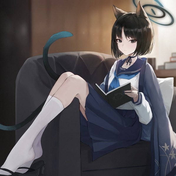 Anime picture 3786x3800 with blue archive kikyou (blue archive) jiang zhuti jiojio single tall image looking at viewer highres short hair black hair sitting animal ears absurdres indoors tail animal tail black eyes cat ears cat girl cat tail clothes on shoulders