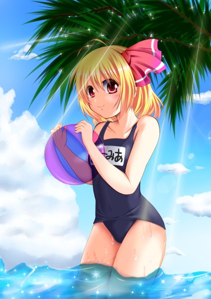 Anime picture 1131x1600 with touhou rumia fule tall image short hair blonde hair red eyes ahoge loli girl swimsuit plant (plants) tree (trees) one-piece swimsuit palm tree school swimsuit beachball