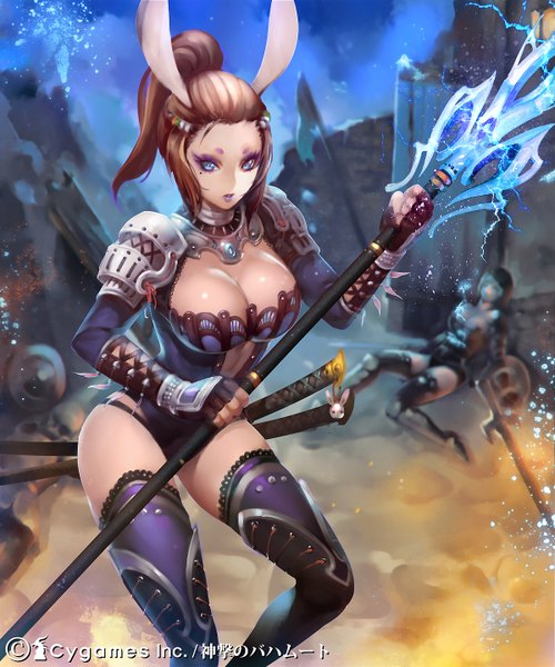 Anime picture 1200x1440 with shingeki no bahamut rabbit lancer (rage of bahamut) ryushin single tall image looking at viewer short hair breasts blue eyes light erotic brown hair large breasts animal ears ponytail lips mole bunny ears mole under eye bunny girl girl