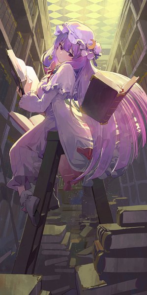 Anime picture 1000x2006 with touhou patchouli knowledge modare single tall image blush fringe hair between eyes sitting purple eyes holding purple hair full body indoors blunt bangs very long hair head tilt :o turning head magic
