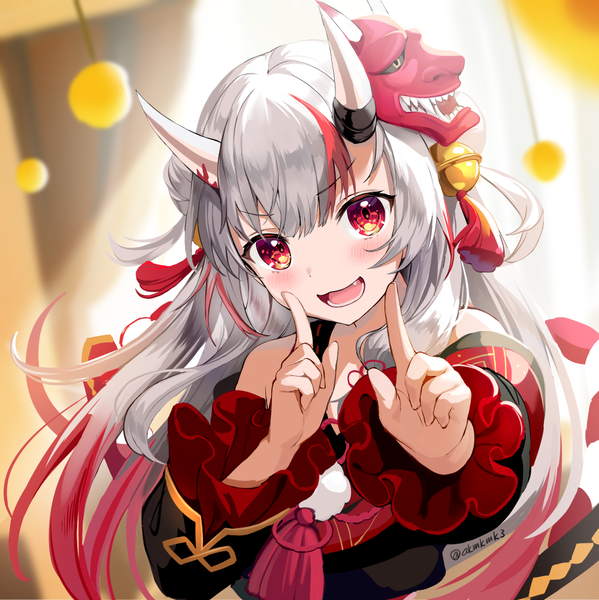 Anime picture 1000x1002 with virtual youtuber hololive nakiri ayame nakiri ayame (1st costume) akamoku single long hair tall image looking at viewer blush open mouth red eyes signed silver hair upper body :d multicolored hair horn (horns) streaked hair twitter username