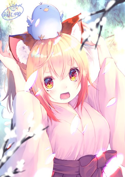 Anime picture 1417x2000 with original chita (ketchup) single long hair tall image looking at viewer blush fringe breasts open mouth blonde hair smile hair between eyes red eyes signed animal ears upper body traditional clothes :d japanese clothes