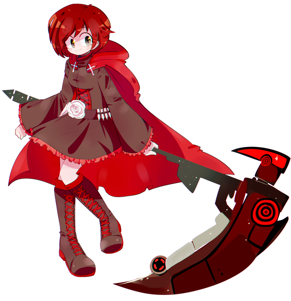 Anime picture 1500x1553 with rwby rooster teeth ruby rose mistercakerz single tall image fringe short hair simple background smile standing white background holding looking away ahoge red hair long sleeves head tilt wide sleeves zettai ryouiki
