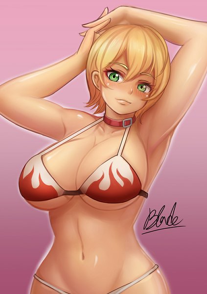 Anime picture 800x1135 with shokugeki no soma j.c. staff mito ikumi qblade (artist) single tall image looking at viewer blush fringe short hair breasts light erotic simple background blonde hair large breasts green eyes armpit (armpits) pink background girl navel