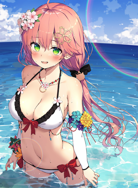 Anime picture 1819x2481 with virtual youtuber hololive sakura miko sy4may0 single long hair tall image looking at viewer blush fringe highres breasts open mouth light erotic smile hair between eyes large breasts standing twintails green eyes