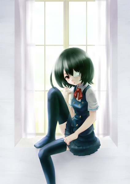 Anime picture 1000x1414 with another p.a. works misaki mei rin2008 single tall image short hair black hair red eyes girl thighhighs skirt uniform black thighhighs school uniform miniskirt eyepatch