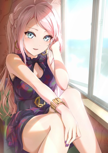 Anime picture 1447x2047 with love live! nijigasaki high school idol club sunrise (studio) love live! zhong lanzhu prbili single long hair tall image breasts open mouth blue eyes smile large breasts sitting pink hair sky cloud (clouds) ahoge indoors nail polish