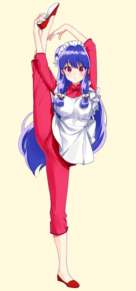 Anime picture 800x1700 with ranma 1/2 shampoo (ranma 1/2) chimachi single long hair tall image looking at viewer fringe simple background hair between eyes standing purple eyes purple hair full body standing on one leg yellow background hair bell split standing split girl