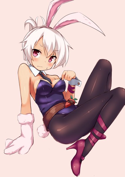 Anime picture 752x1062 with league of legends riven (league of legends) battle bunny riven mokoke single tall image blush short hair light erotic simple background animal ears white hair tail animal tail pink eyes bunny ears bunny girl pink background bunny tail girl