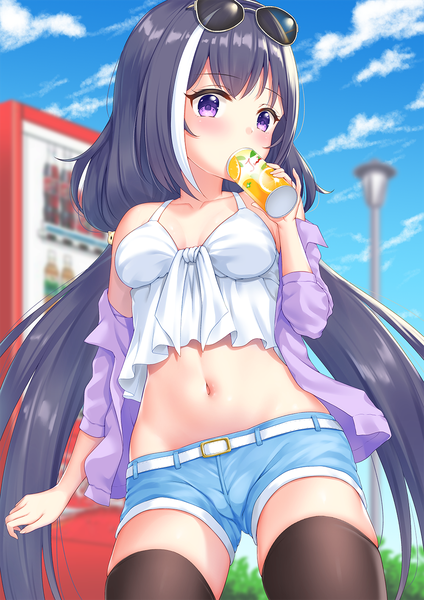 Anime picture 1000x1414 with princess connect! re:dive princess connect! karyl (princess connect!) ayase-mio single long hair tall image looking at viewer blush fringe standing purple eyes twintails bare shoulders holding sky purple hair cloud (clouds) outdoors multicolored hair