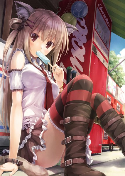Anime picture 800x1126 with original suien single long hair tall image blush fringe breasts light erotic brown hair holding brown eyes sky cloud (clouds) outdoors head tilt arm support pantyshot mouth hold pantyshot sitting