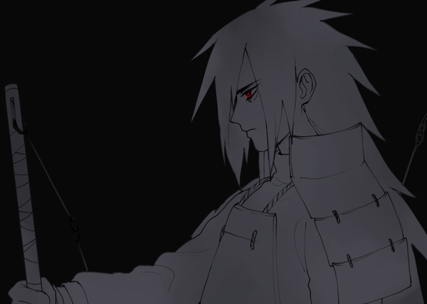 Anime picture 1400x1000 with naruto studio pierrot naruto (series) uchiha madara shiroshikun666 single long hair simple background upper body profile black background monochrome third-party edit spiked hair sharingan warrior boy armor