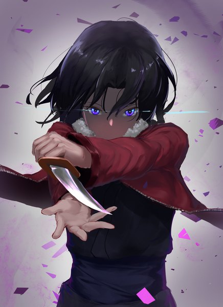 Anime picture 3411x4690 with fate (series) fate/grand order kara no kyoukai type-moon ryougi shiki yu-hi single tall image looking at viewer fringe highres short hair black hair simple background hair between eyes purple eyes holding absurdres upper body long sleeves
