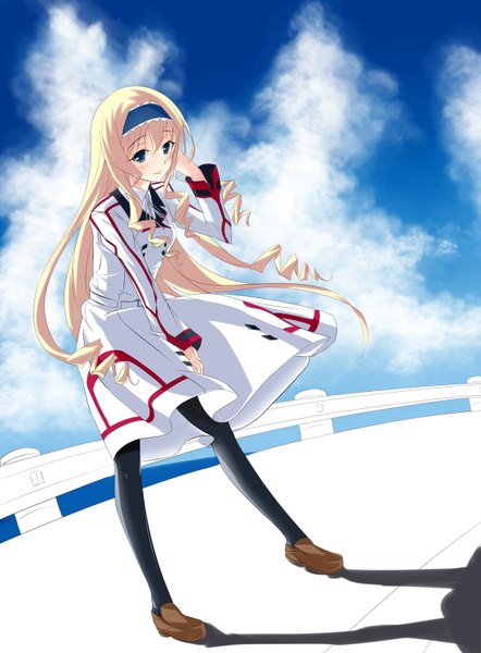 Anime picture 2200x2988 with infinite stratos 8bit cecilia orcott phantania long hair tall image blush highres blue eyes blonde hair cloud (clouds) girl serafuku