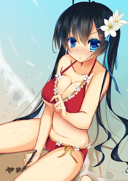 Anime picture 1158x1637 with original kinoko5123 single long hair tall image looking at viewer blush breasts blue eyes light erotic black hair large breasts twintails hair flower beach girl hair ornament flower (flowers) swimsuit bikini