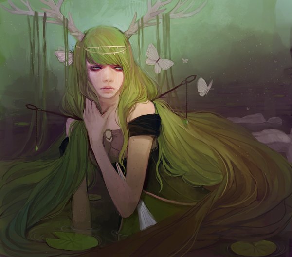 Anime picture 1000x881 with original chaotic-muffin single fringe blue eyes sitting bare shoulders looking away very long hair horn (horns) green hair tears sad green background girl dress hair ornament flower (flowers) water insect