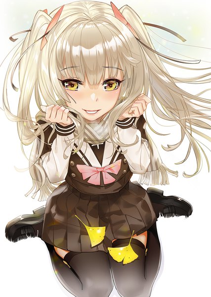 Anime picture 712x1000 with original el-zheng single long hair tall image looking at viewer blush fringe simple background blonde hair smile hair between eyes sitting holding yellow eyes long sleeves parted lips pleated skirt teeth grin