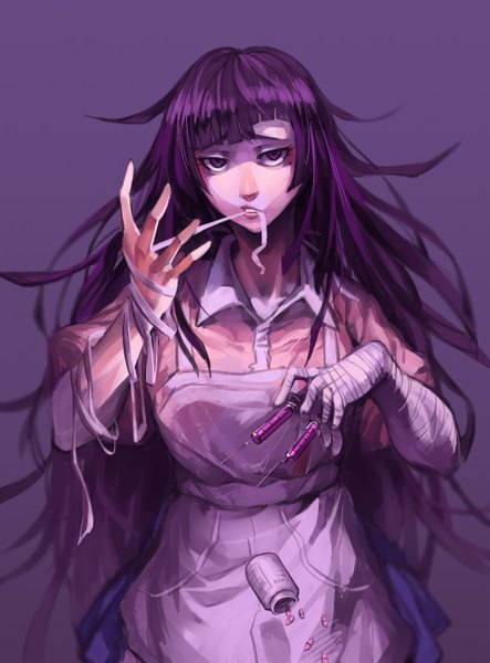 Anime picture 960x1300 with dangan ronpa super dangan ronpa 2 tsumiki mikan ruukii drift single long hair tall image looking at viewer simple background purple eyes holding purple hair mole mole under eye mouth hold purple background girl bandage (bandages) syringe pills