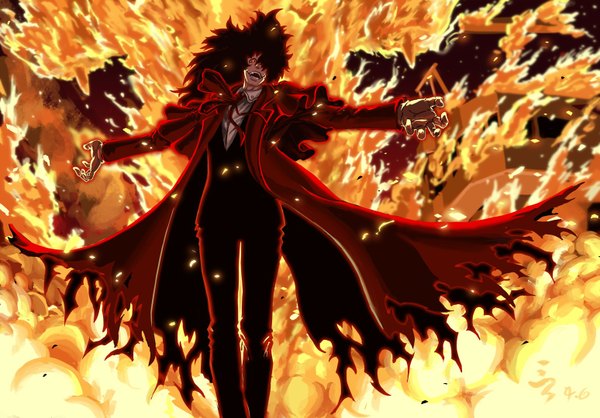 Anime picture 1547x1079 with hellsing alucard (hellsing) feitie (artist) single long hair fringe open mouth black hair red eyes standing hair over one eye crazy boy ribbon (ribbons) shirt bowtie pants vest fire