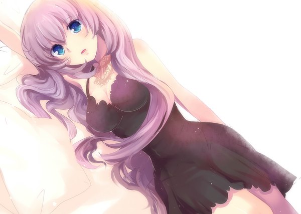 Anime picture 1000x712 with vocaloid megurine luka hikari no single long hair blue eyes simple background white background pink hair cleavage girl