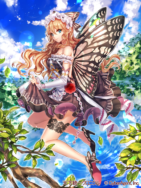 Anime picture 600x800 with original interitio single long hair tall image blue eyes blonde hair sky cloud (clouds) insect wings butterfly wings girl dress detached sleeves wings frills leaf (leaves)