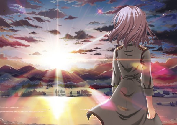 Anime picture 1654x1169 with shirakawako single short hair brown hair sky cloud (clouds) from behind sunlight evening sunset girl uniform water military uniform