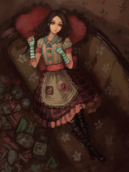 Anime picture 960x1280 with american mcgee's alice (game) alice: madness returns alice (american mcgee's) gjred tall image looking at viewer black hair lying alternate costume gloves elbow gloves boots pillow fingerless gloves pendant apron couch buttons horseshoe