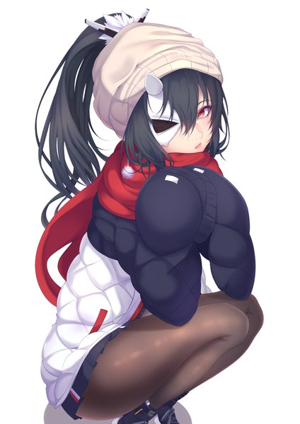 Anime picture 1240x1754 with azur lane akatsuki (azur lane) akatsuki (heading to the north pole) (azur lane) shiro usagi single long hair tall image looking at viewer blush fringe black hair simple background hair between eyes white background payot ponytail horn (horns) lips orange eyes squat