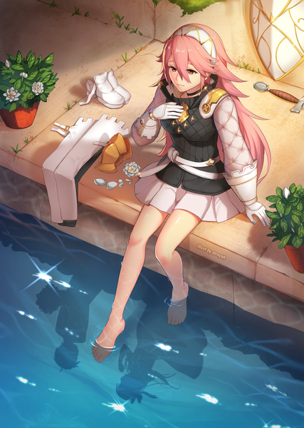 Anime picture 1778x2500 with fire emblem fire emblem fates nintendo soleil (fire emblem if) streyah single long hair tall image fringe highres hair between eyes red eyes sitting signed payot looking away pink hair full body from above bare legs