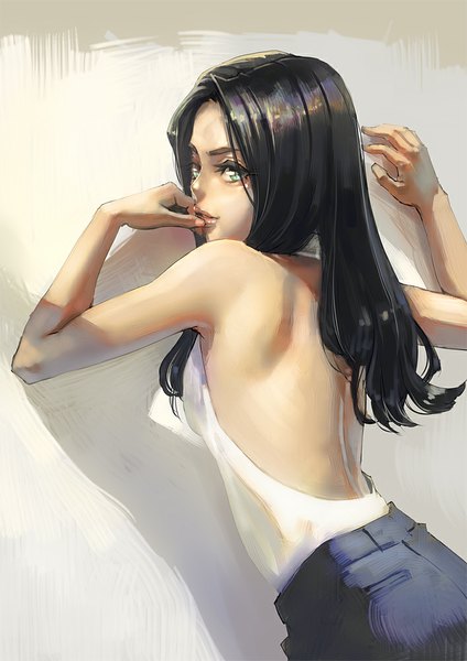Anime picture 707x1000 with original aro (charged time out) single long hair tall image looking at viewer black hair bare shoulders green eyes bare back hand to mouth against wall girl skirt denim skirt