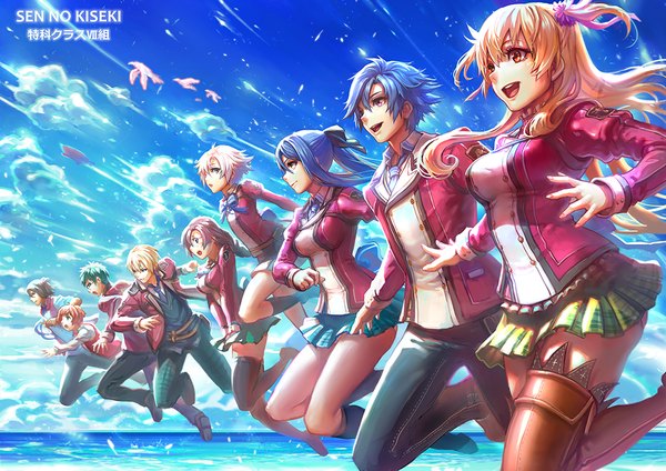 Anime picture 1100x778 with haoni long hair short hair open mouth blonde hair red eyes brown hair purple eyes multiple girls green eyes blue hair sky cloud (clouds) white hair green hair multiple boys girl thighhighs boy skirt
