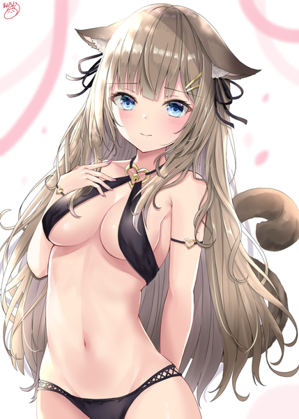Anime picture 1000x1398 with original akino ell single long hair tall image looking at viewer blush breasts blue eyes light erotic brown hair bare shoulders signed animal ears cleavage tail nail polish animal tail cat ears bare belly