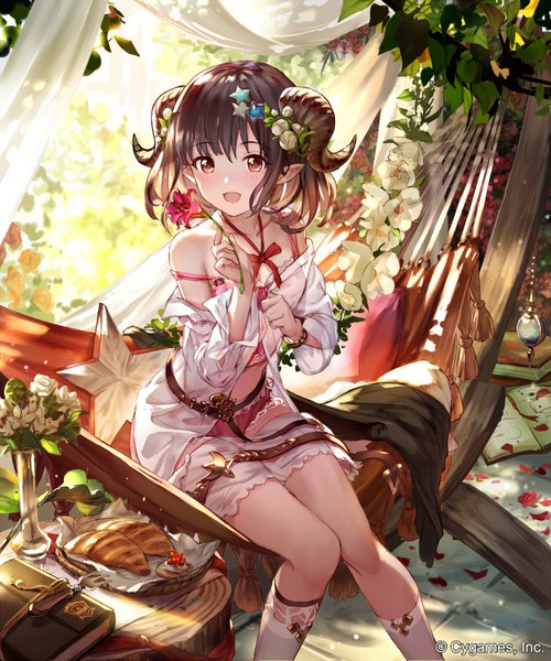 Anime picture 750x900 with shingeki no bahamut 77gl single tall image looking at viewer blush fringe short hair open mouth light erotic smile hair between eyes brown hair sitting bare shoulders holding brown eyes :d horn (horns) pointy ears