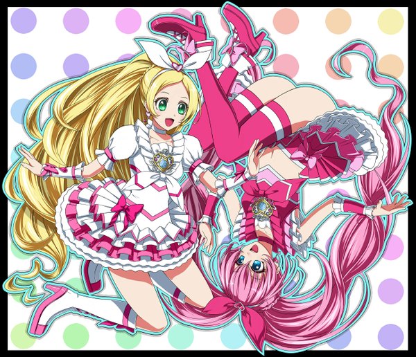 Anime picture 1301x1120 with precure toei animation cure melody cure rhythm fuji hyorone long hair open mouth blue eyes blonde hair twintails multiple girls green eyes pink hair full body upside down rotational symmetry girl thighhighs dress bow