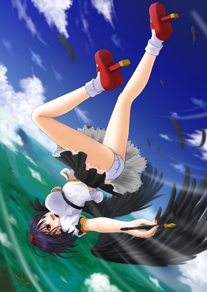 Anime picture 1240x1750 with touhou shameimaru aya chien zero single tall image short hair open mouth light erotic black hair red eyes sky cloud (clouds) flying girl skirt underwear panties miniskirt wings socks