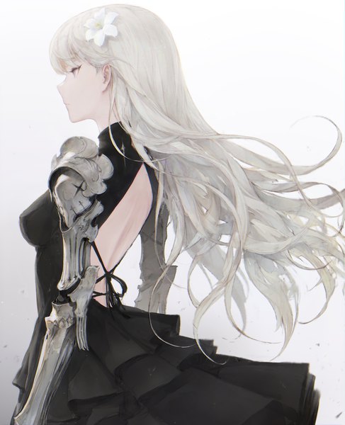 Anime picture 2388x2943 with original wave 61 single long hair tall image fringe highres breasts simple background standing looking away silver hair profile hair flower gradient background back bare back silver eyes expressionless mechanical arms