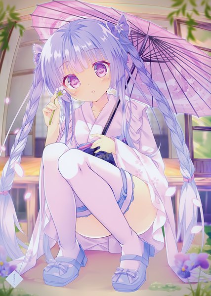 Anime picture 2849x4000 with original kinokomushi single tall image looking at viewer blush fringe highres light erotic purple eyes blue hair blunt bangs braid (braids) very long hair traditional clothes head tilt japanese clothes scan wide sleeves loli