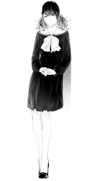 Anime picture 1000x1816 with original sousou (sousouworks) single long hair tall image looking at viewer black hair full body grey eyes monochrome against wall girl dress shoes black dress wall sailor dress