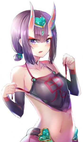 Anime picture 2000x3426 with fate (series) fate/grand order shuten douji (fate) shuten douji (halloween caster) (fate) nyung single tall image looking at viewer blush fringe highres short hair breasts open mouth light erotic simple background hair between eyes standing white background purple eyes