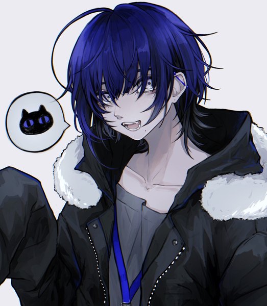 Anime picture 1361x1560 with original 402 (o0 xxx) single tall image looking at viewer fringe short hair open mouth simple background hair between eyes blue hair upper body ahoge :d grey background mole open jacket piercing ear piercing mole under mouth