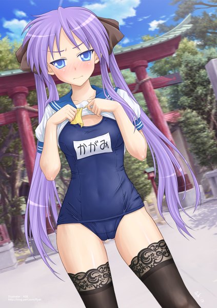 Anime picture 1128x1600 with lucky star kyoto animation hiiragi kagami ffyak (artist) single long hair tall image blush blue eyes light erotic twintails purple hair girl thighhighs black thighhighs swimsuit one-piece swimsuit school swimsuit