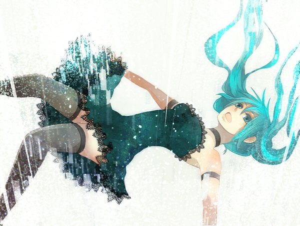 Anime picture 1000x755 with vocaloid hatsune miku single open mouth simple background twintails very long hair aqua eyes aqua hair looking up falling girl thighhighs dress black thighhighs choker