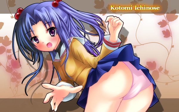 Anime picture 1440x900 with clannad key (studio) ichinose kotomi light erotic wide image two side up pantyshot character names underwear panties