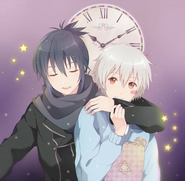 Anime picture 1600x1570 with no.6 studio bones nezumi (no.6) shion (no.6) yukilus looking at viewer fringe short hair open mouth black hair simple background smile hair between eyes payot silver hair upper body ponytail eyes closed multiple boys orange eyes