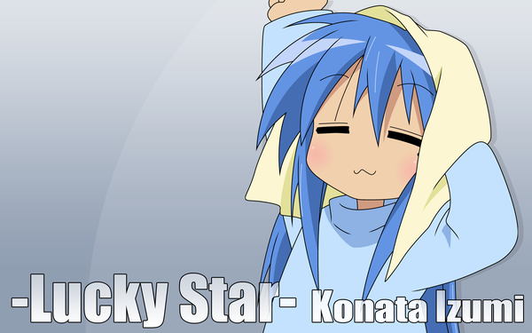 Anime picture 1920x1200 with lucky star kyoto animation izumi konata single long hair blush fringe highres hair between eyes wide image blue hair upper body arm up character names vector wavy mouth girl