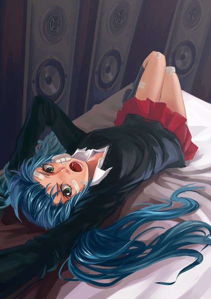 Anime picture 2480x3507 with vocaloid rolling girl (vocaloid) hatsune miku xiamianliele (artist) single long hair tall image highres open mouth twintails blue hair lying aqua eyes girl uniform plant (plants) school uniform socks black socks speakers