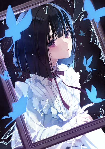 Anime picture 1507x2131 with original misty cj single tall image looking at viewer fringe short hair black hair purple eyes upper body blunt bangs empty picture frame girl insect butterfly blouse picture frame