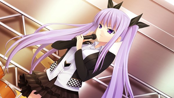 Anime picture 1280x720 with chuning lover tougetsuin aisu koso single long hair wide image purple eyes twintails game cg purple hair girl dress microphone