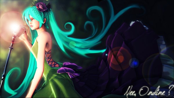 Anime picture 3322x1881 with vocaloid hatsune miku single long hair blush highres open mouth wide image twintails bare shoulders aqua eyes realistic aqua hair girl dress flower (flowers) bow microphone